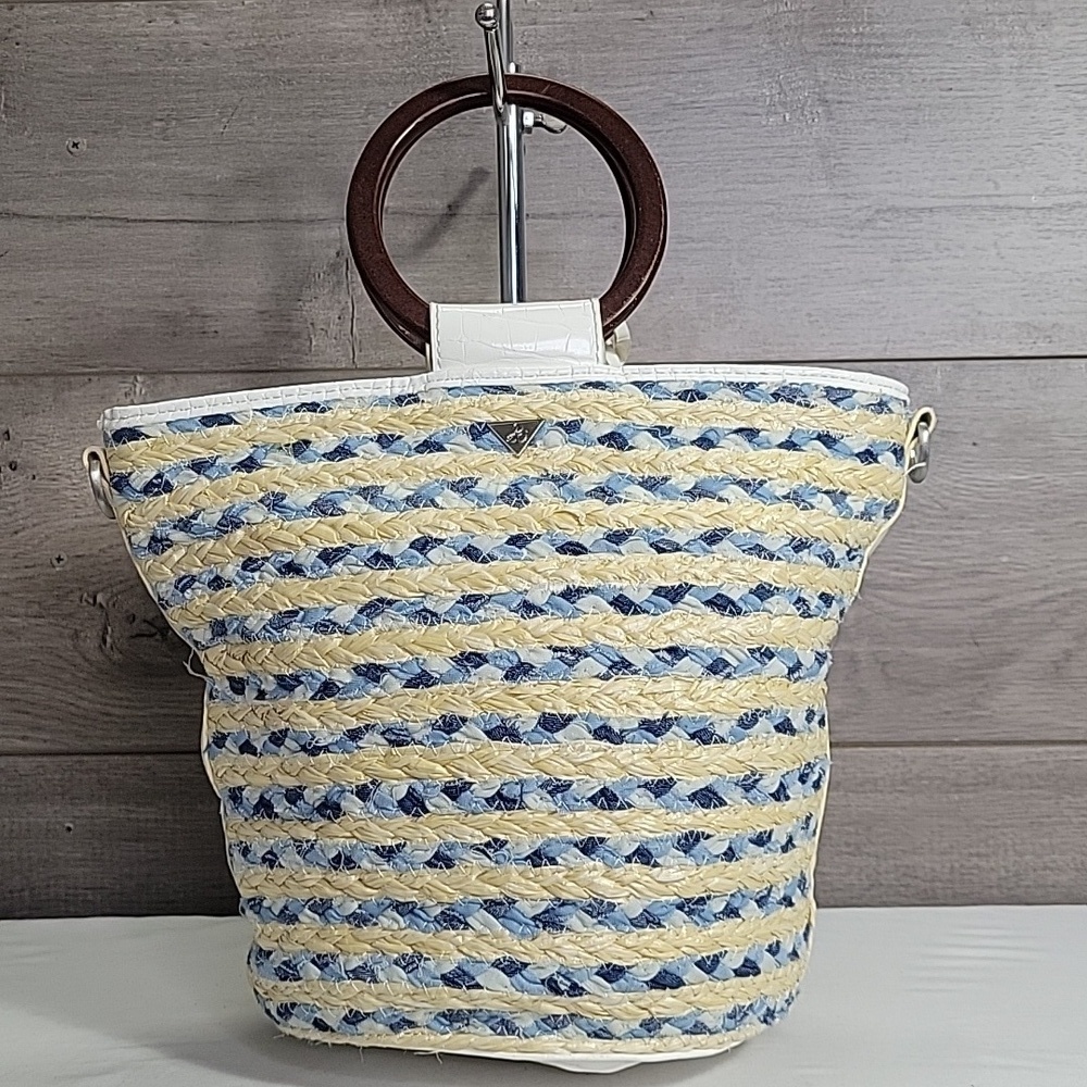 Sam Edelman Straw/Leather Bucket Tote Handbag